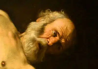Belle arti. La "Crocifissione di San Pietro" Caravaggio. Particorare della testa ©Arte svelata